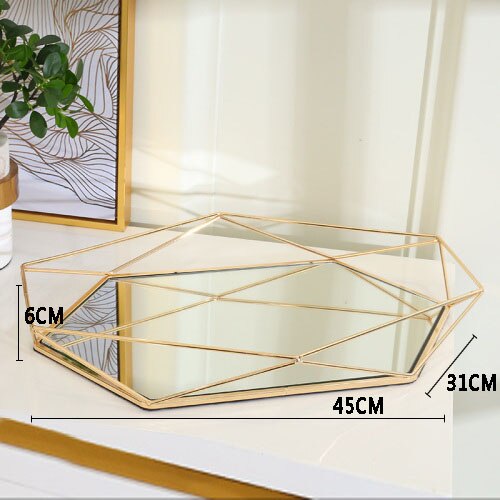 Placa de ouro doces sobremesa bandeja geométrica chapeamento metal vidro espelho prato jóias placas exibição rústico europeu decoração da sua casa