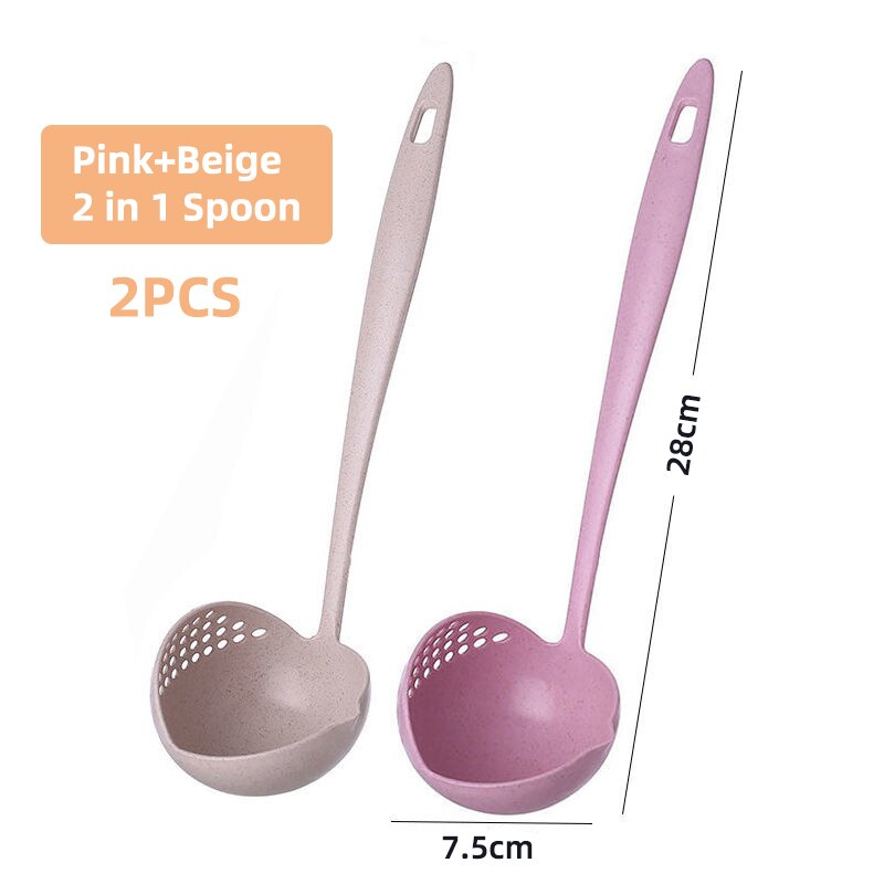 Obelix 2 in 1 Wheat Straw Soup Spoon Long Handle Porridge Spoons Meal Filter Tableware Home Cooking Tools Kitchen Accessories: Apricot Pink