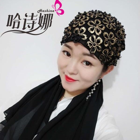 Shiny Women Beauty Floral Pattern Gold Sequin Shawl Scarf Beading Arab Islamic Wedding Hijab Chiffon Modesty Headscarf Head Wrap: Black