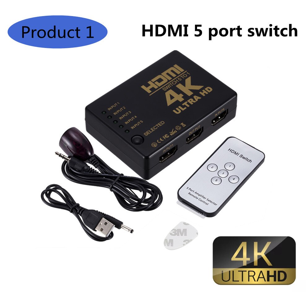 4K 2K 5x1 HDMI Cable Splitter HD 1080P Video Switcher Adapter 5 Input 1 Output Port HDMI Hub for Xbox PS4 DVD HDTV PC Laptop TV: Product 1