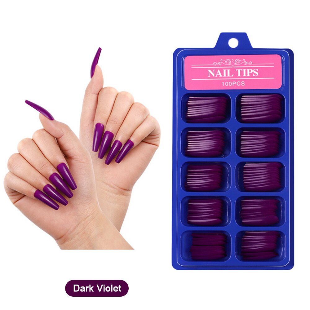 100 pièces/boîte couleur pleine couverture faux ongles conseils artificiels faux ongles longue ballerine couleur Pure pointe d'ongle 10 tailles outil de manucure: Dark Violet