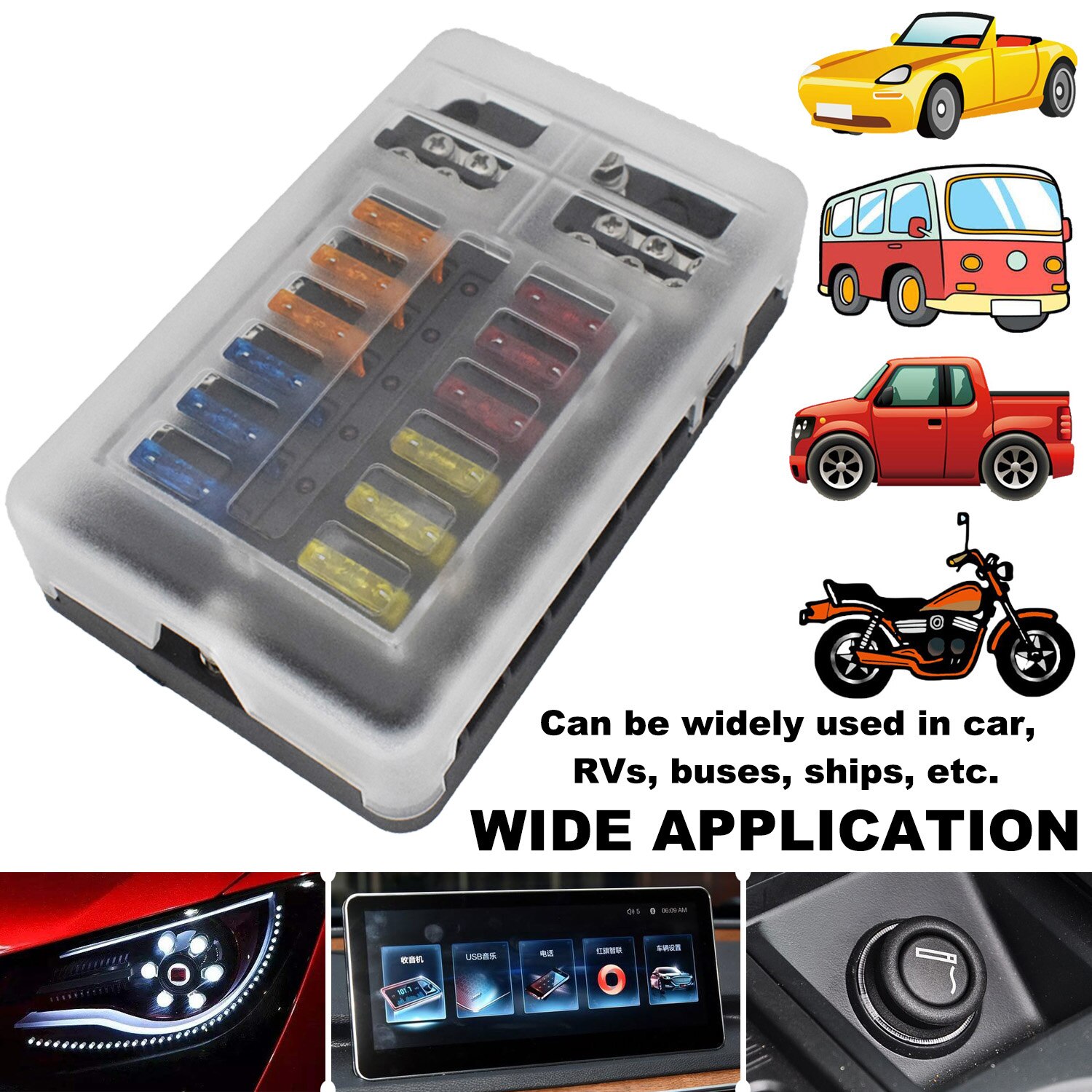 12-Way Blade Fuse Box Holder Block For Auto Car Boat Marine Trike Pickup Truck RV Bus Motorcycle Ship
