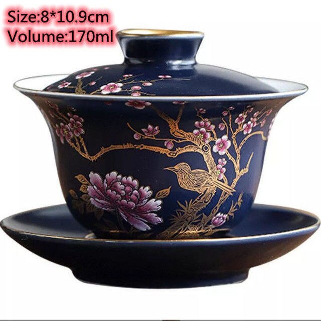Gardon Bird Gaiwan Antique Kiln Tea Tureen Hand-painted Bird Pattern Tea Cup With Lid Ceramic Enamel Tea Ceremony Accessories: D