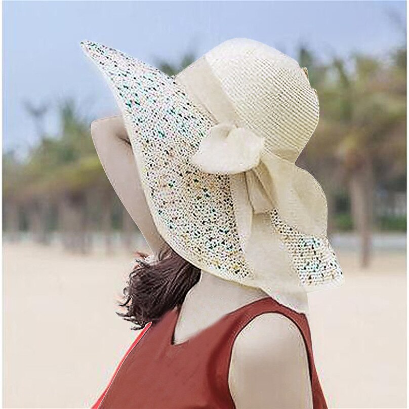 Kvinder farverige strå-sløjfehat med stor skygge solfloppy brede skyggehatte solsejl kasket strandsportshat  #4 m 12