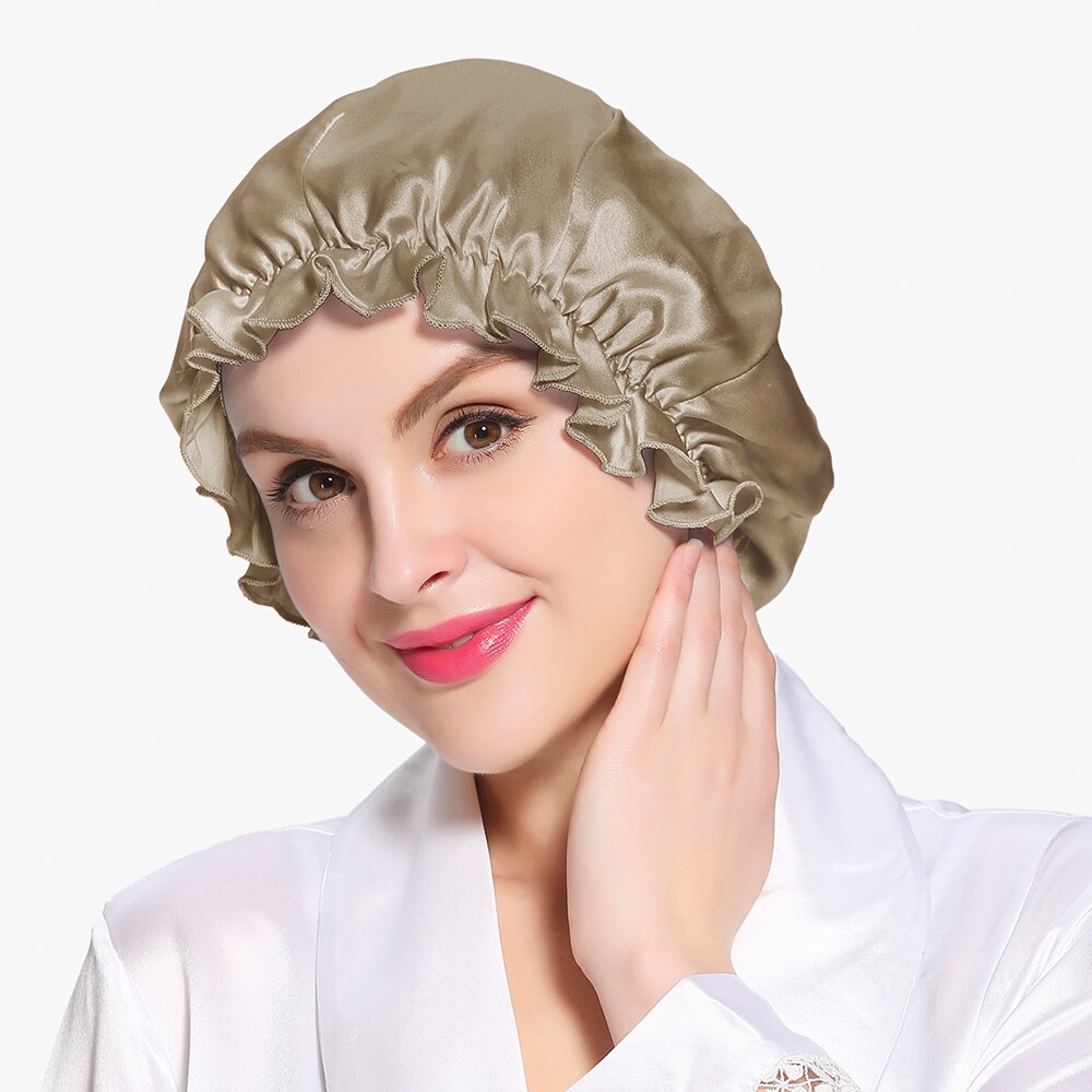 LILYSILK Silk Night Sleep Cap Silk Cap for Sleeping Women Flounced Brand Solid 19 Momme Hair Care Accessories: Coffee