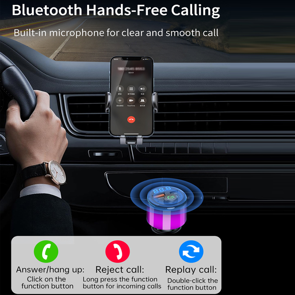 Sfeer Licht Draadloze Handfress Bluetooth 5.3 Fm Zender Pd 30W Qc 18W Dual Usb Snellader Type C Auto Snel Opladen