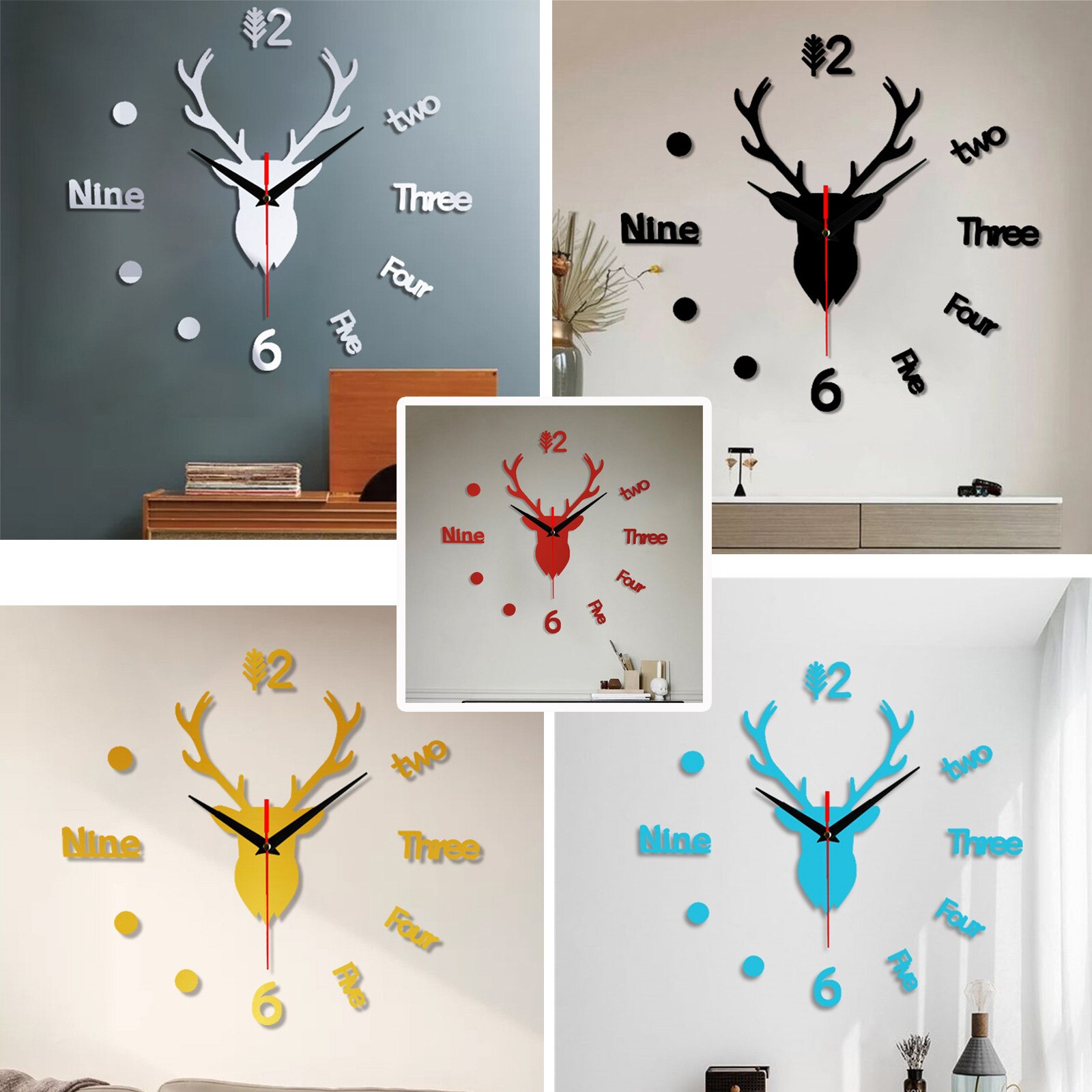 3d Wall Clock Mirror Wall Stickers Deer Head Diy Large Wall Clock Quartz Watch Art Decal Sticker Living Home Decor