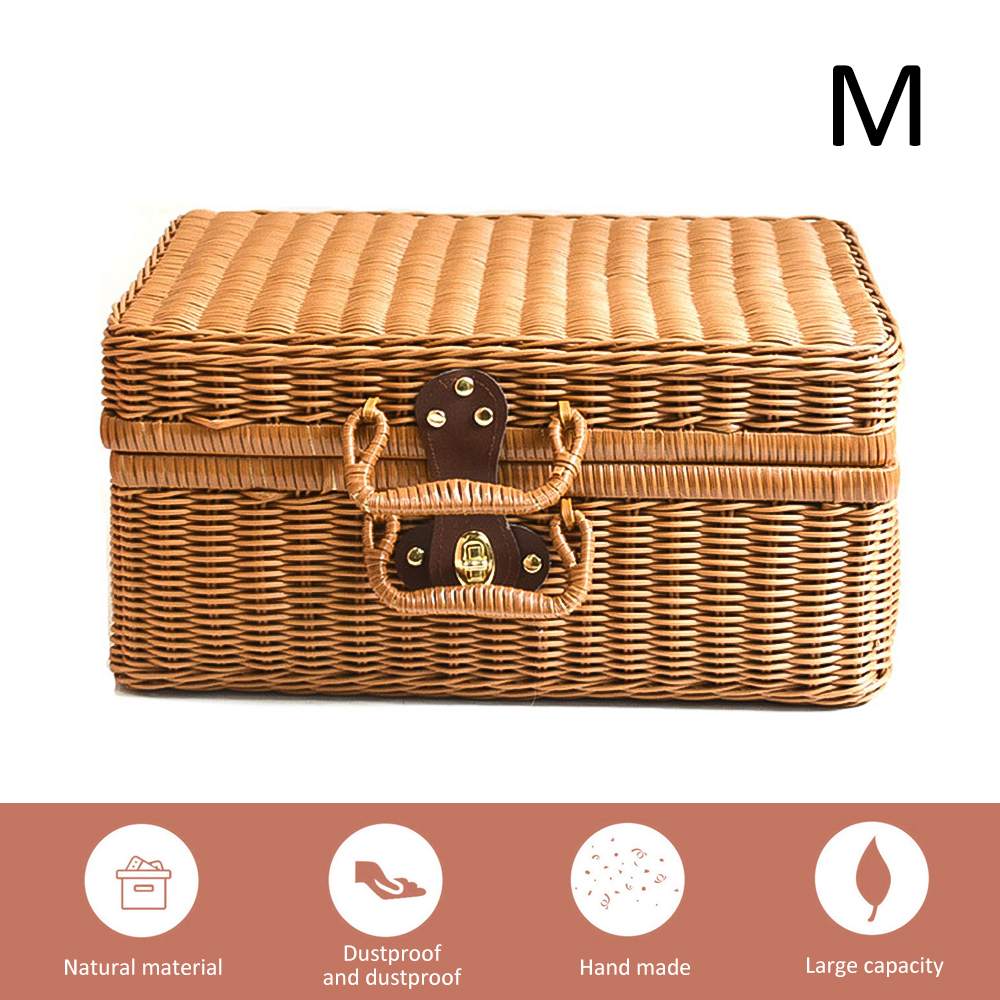 Retro Handwoven Rechthoekige Rieten Handtas, Simulatie Rotan Geweven Koffer Vintage Koffer Opbergdoos Picknick Opbergdoos: M