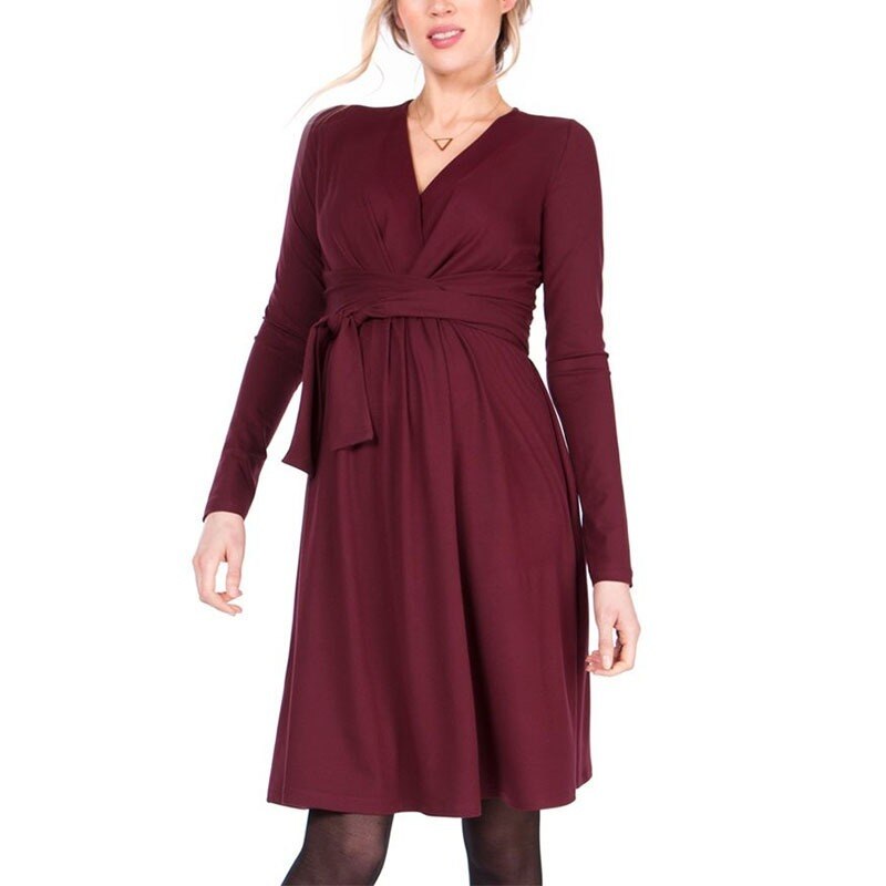 European and American Solid Color Pregnent Wear Nursing Dress Long Sleeve Belt Cross V Neck Nursing Dress Maternity Accessories