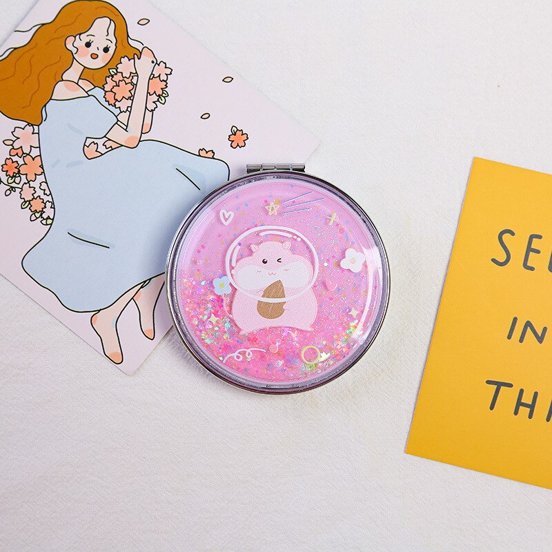 Portable Double-Sided Folding Cosmetic Mirror Girl Flowing Sparkling Sand Mini Avocado Makeup Mirror Compact Pocket Mirrors: C