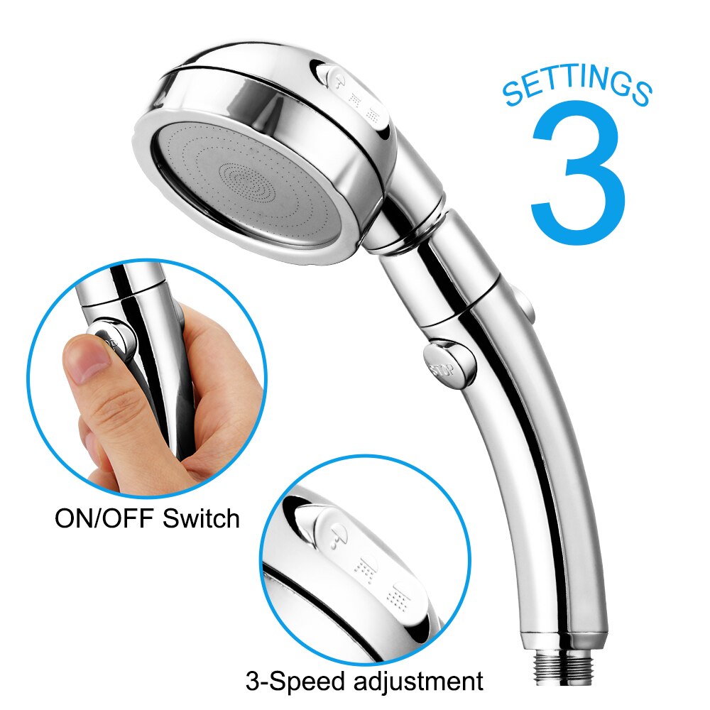 360 Degrees Rotating Adjustable Water Saving Shower Head Three Mode Shower Water Pressure Shower Head with Water Control Button