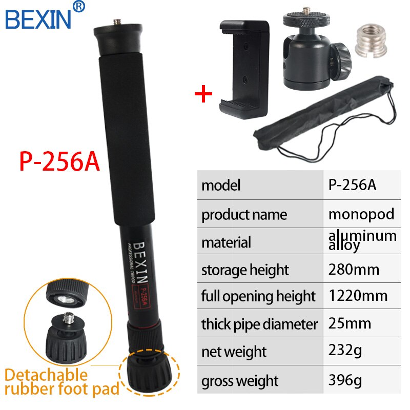 Bexin-mini tripé portátil para câmera, leve, monopé, 122cm, comprimento de expansão, suporte de tripé, material de alumínio, câmera dslr: P-256A -D