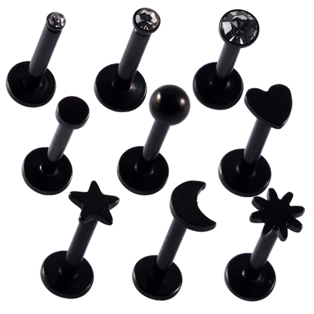 Pendientes de Labret de acero quirúrgico, Piercing de labio de formas mixtas, estrella, Luna, corazón, oreja, cartílago, Tragus, joyería con rosca interna, 9 unidades por lote: Negro / Rodio plateado