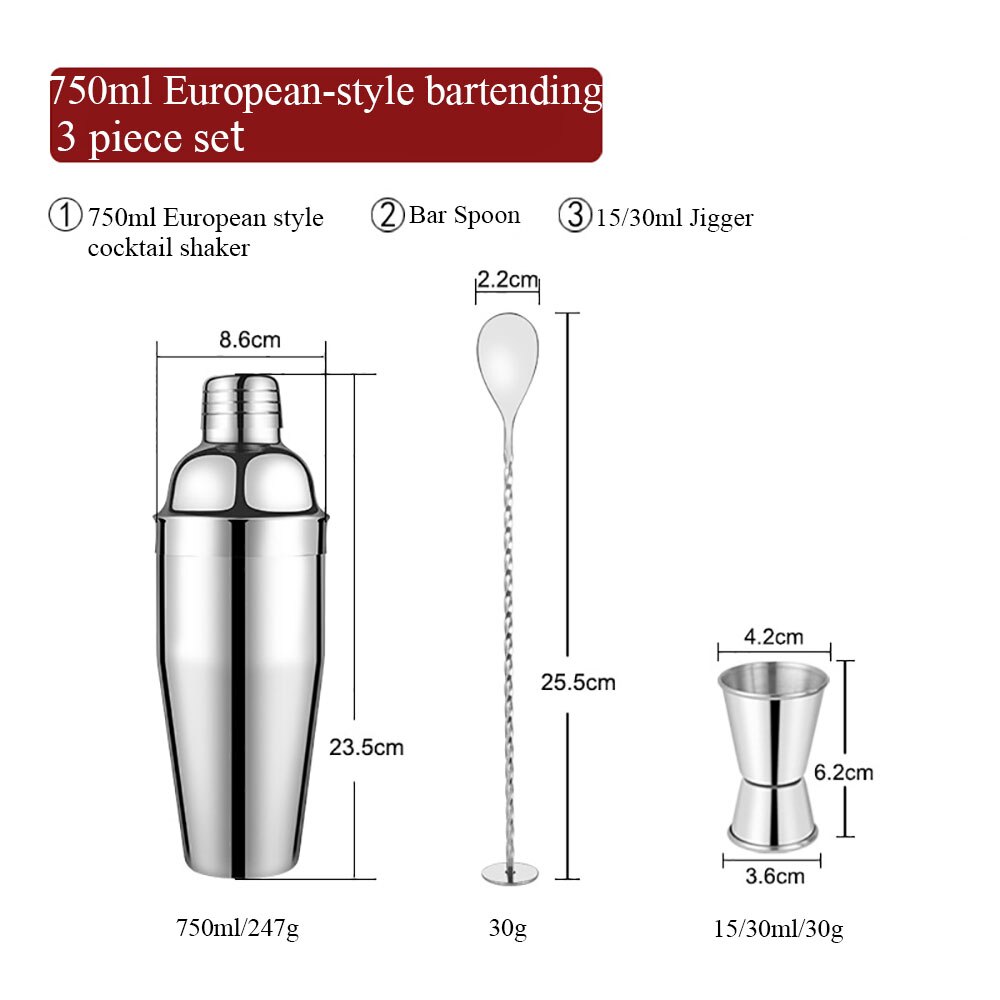 Stainless Steel Cocktail Shaker Bar Set Mixer Cocktail Shaker Wine Martini Boston Shaker Drinkware for Party Bar Tools 550/750ML: 3Pcs 750ML