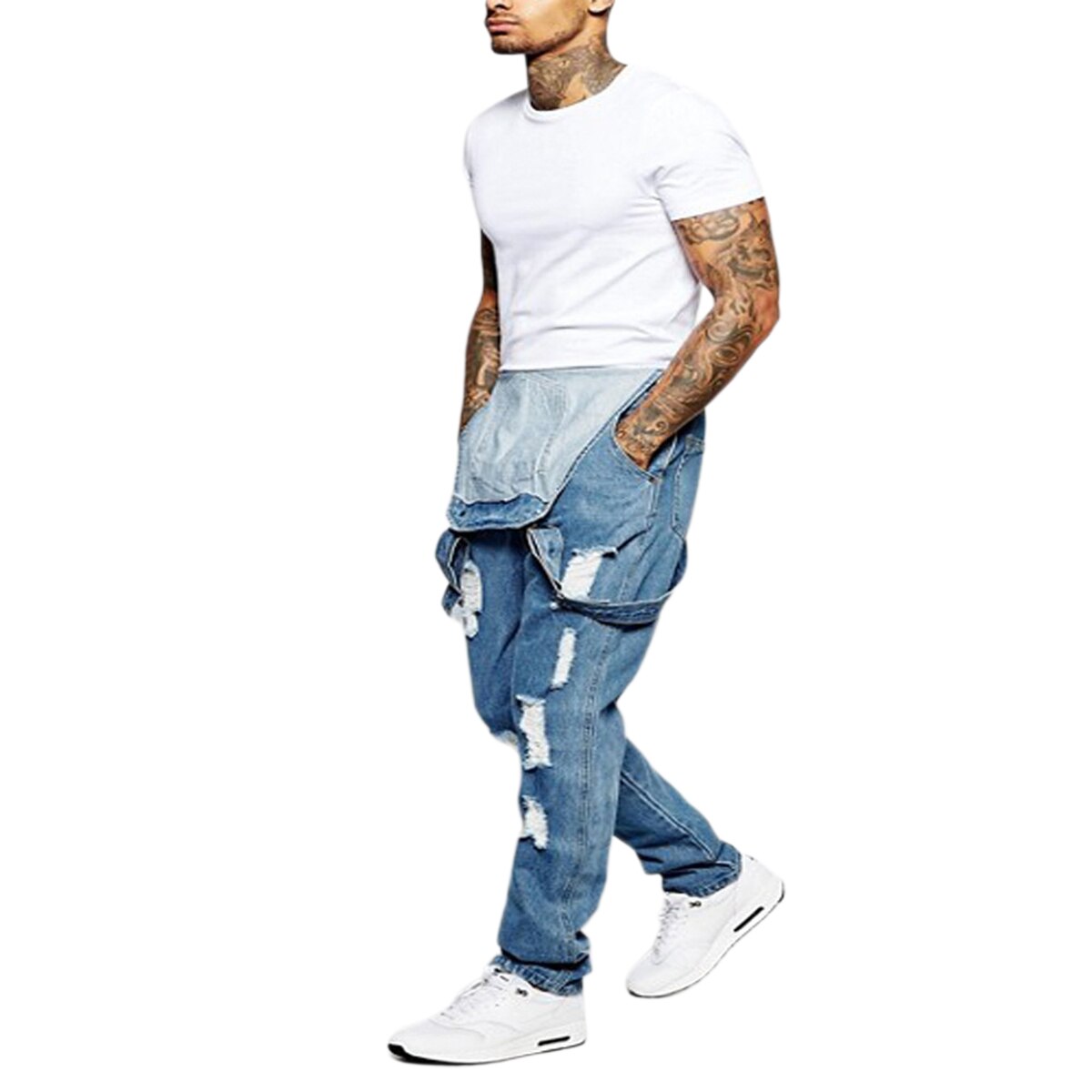 Mænd revet denim overalls mænd afslappet lomme selebukser til daglig brug holebukser streetwear s -3xl