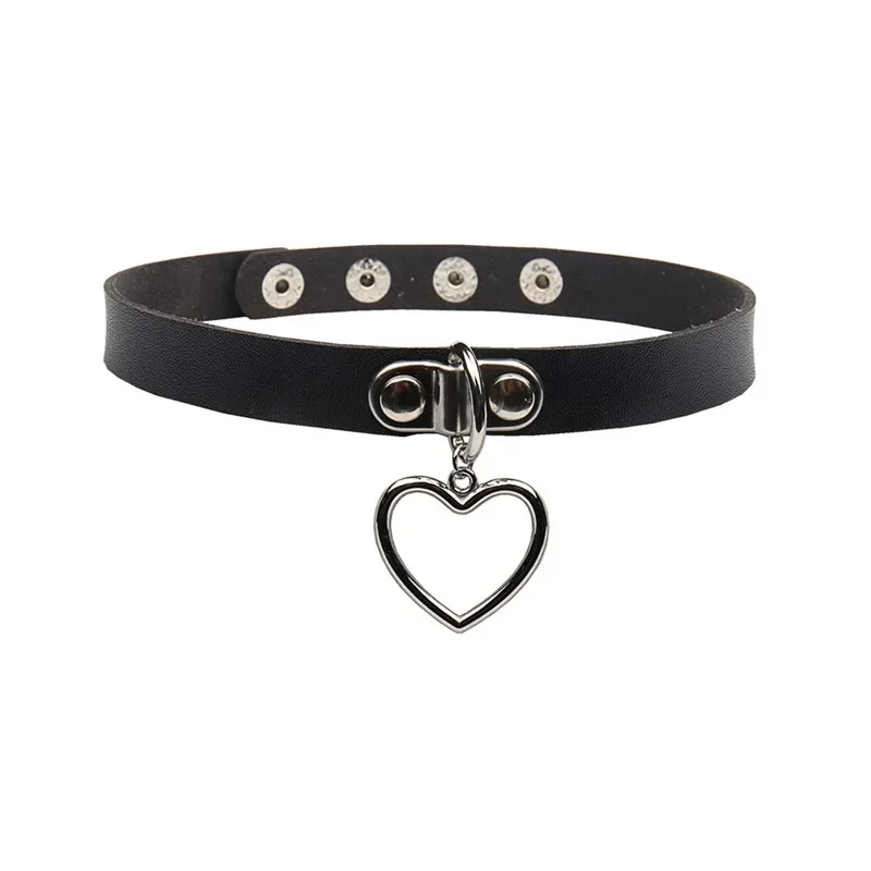 Gargantilla de cuero PU Punk para mujer, cadena de Rock Hip Hop, collar con remache de pentagrama de corazón, accesorios de joyería creativos para: Zinc negro plateado