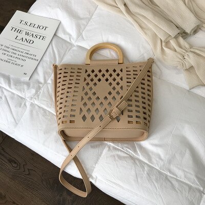 DIGERUI femmes sacs sacs à main évider plage sac Bolsa Feminina bois poignée fourre-tout sac à bandoulière en cuir synthétique polyuréthane sacs à main: Khaki