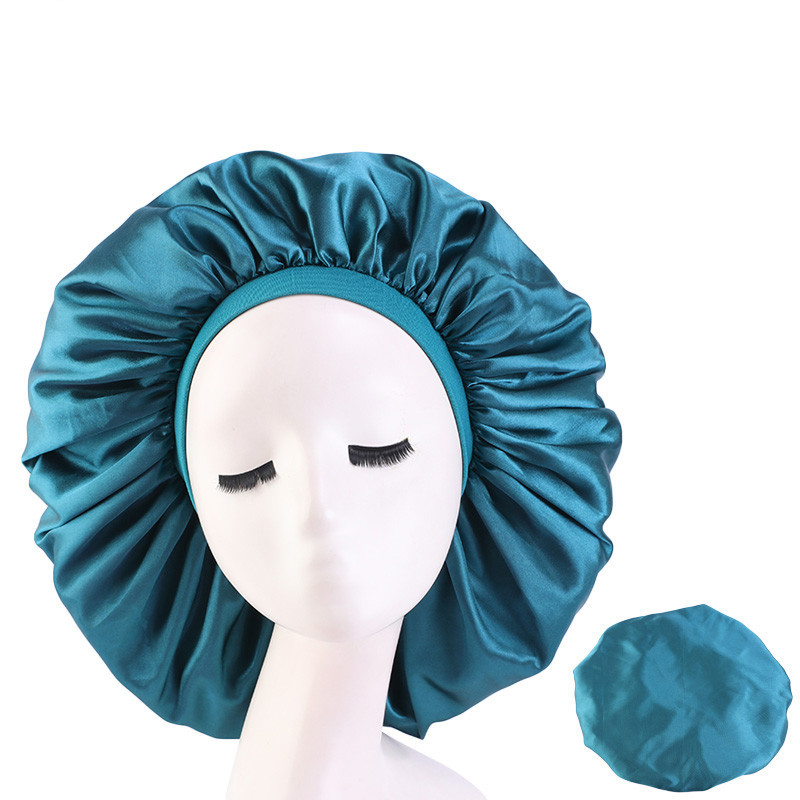 Women Satin Sleep Night Chemo Cap Solid Color Stretch Hair Care Hat Turban Bonnet Headscarf Skullies Wide Elastic Band Headwear: 12 Teal