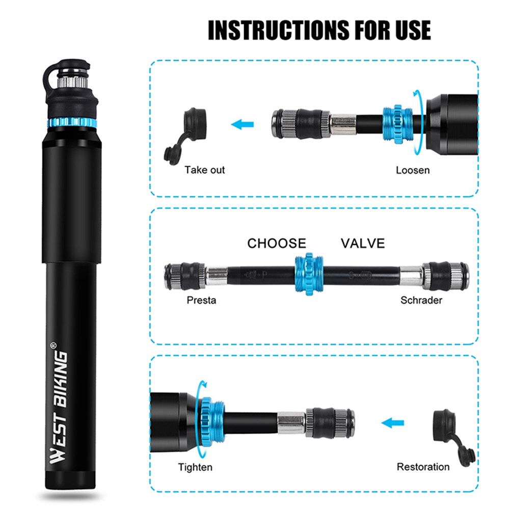 WEST BIKING Cycling Bike Bicycle Mini Pump Aluminum Alloy Portable Pressure Gauge Inflator Bike Tire Pump Presta Valve