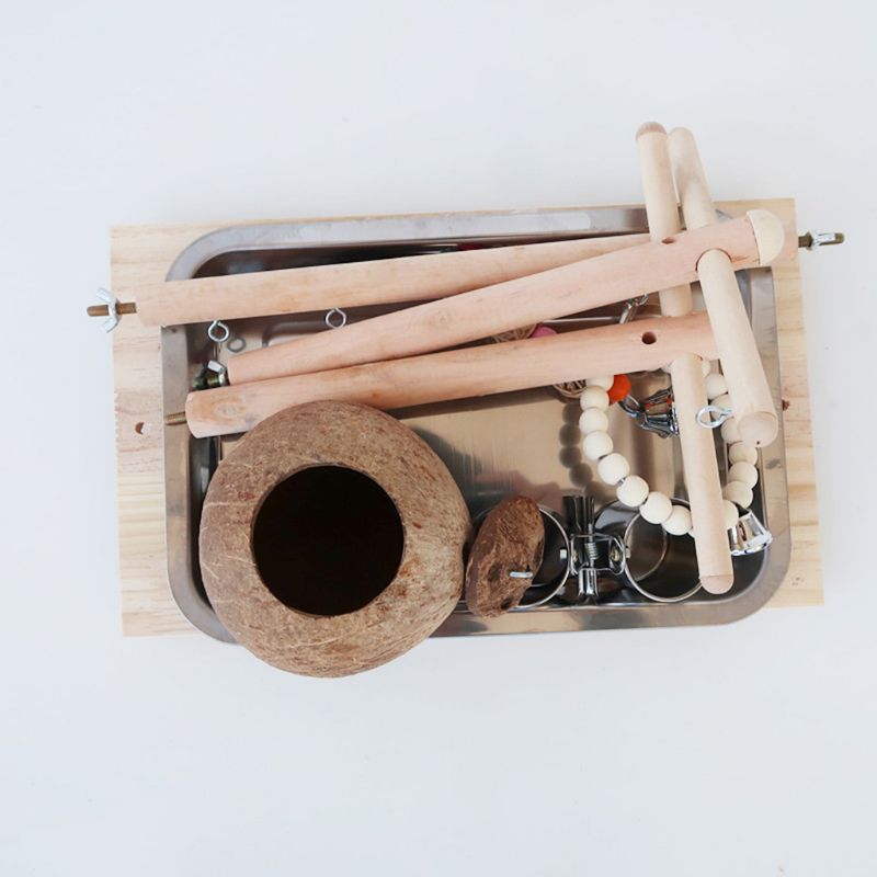 Aire de jeux pour perroquets et oiseaux, perchoir en bois, gymnastique, coquille de noix de coco, Cage à oiseaux, échelle, jouets d&#39;exercice avec coupelles d&#39;alimentation pour les tourtereaux conures