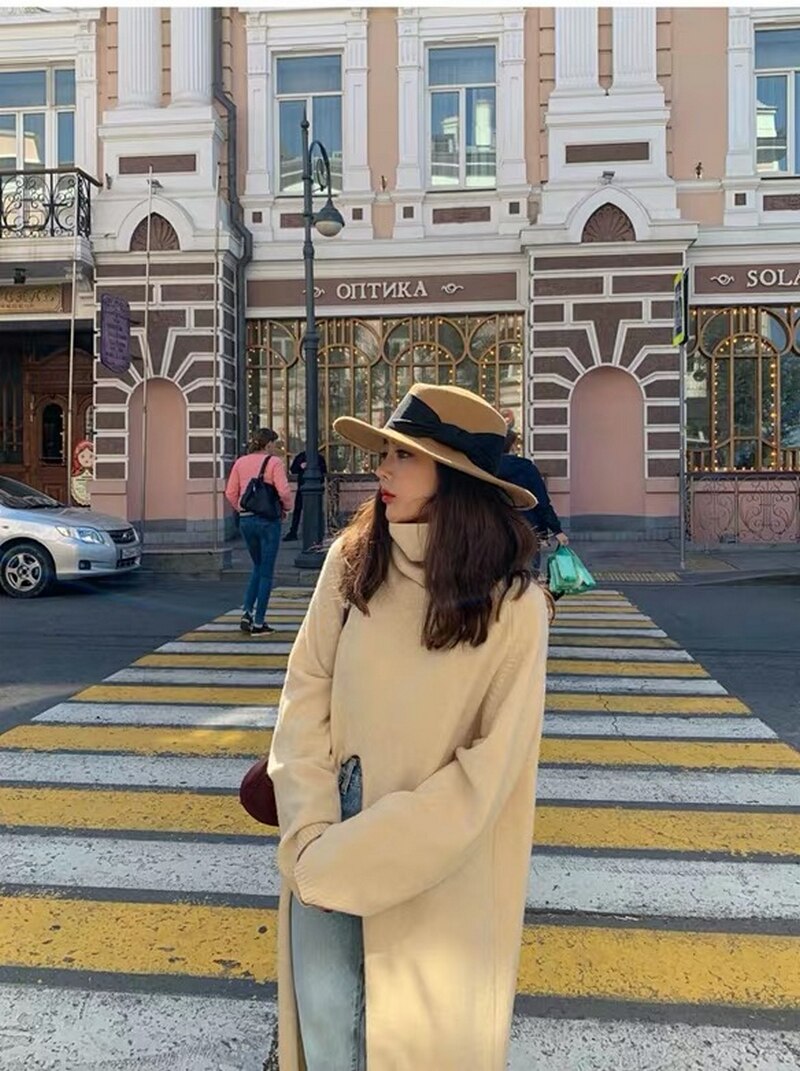 Suéter de cuello alto de punto para mujer, jerséis largos de otoño e invierno, jerséis partidos de calle, ropa holgada para mujer: Apricot