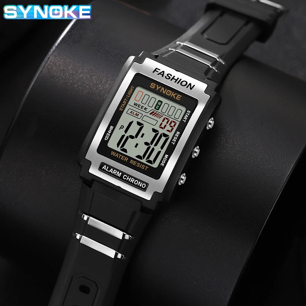 Synoke men's rectangular sports electronic watch, waterproof, 50m night lights, large screen alarm clock, trendy retro style
