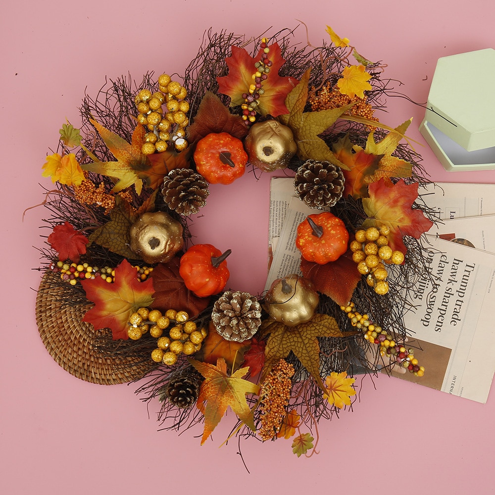 45cm Autumn Maple Leaves Leaf & Pumpkin Wreath Door Wreath Artificial Pumpkin Berries Pine Cone Maple Manmade Garland