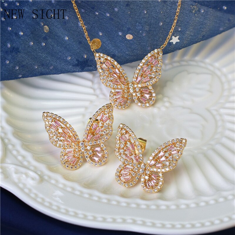 14K Real Conjunto de joyas de oro mariposa collares para las mujeres de lujo de circón cúbico CZ Stud pendientes