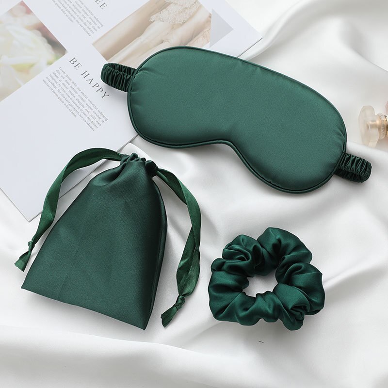 1 einstellen Nachgeahmte Seide Schlafen Augen Maske Schlaf Masken Auge Patch Abdeckung Schattierung Einstellbare Augenbinde Reise Entspannen mit Tasche + kopf Ring: dunkel Grün