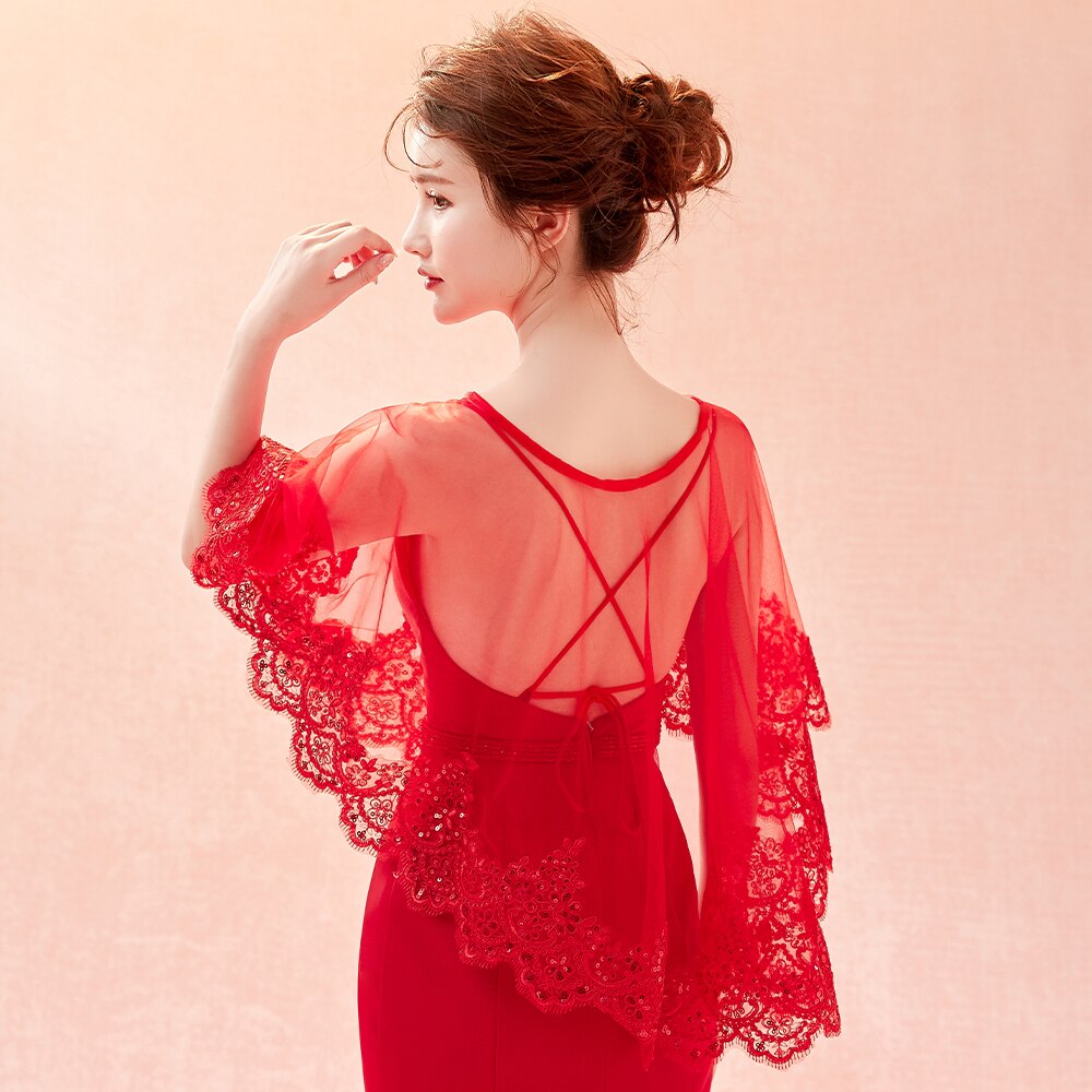 Capa de encaje con borde de tul rojo para mujer, chal de ilusión para boda, envoltura de graduación, capa fina de verano, accesorio para celebridades