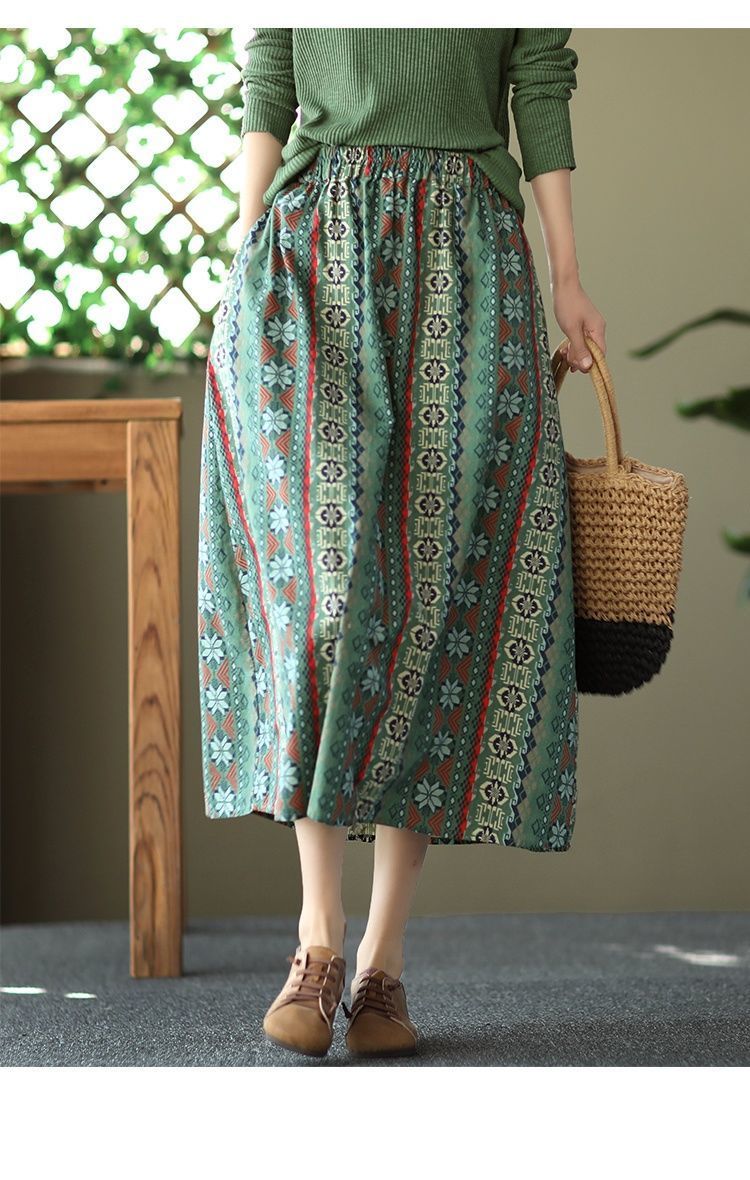 Jupe longue à carreaux avec poche, , japonaise Vintage, ligne a, grande taille, ample: green / M