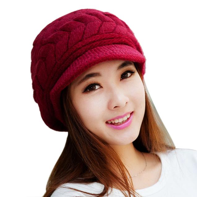 neue Winter Frauen Wolle Pelz Baskenmütze Hut Elegante Damen Solide Flache Kappe Verdicken Warme Ohrenschützer Gestrickte Wolle Beanie hut # YJ: Red 