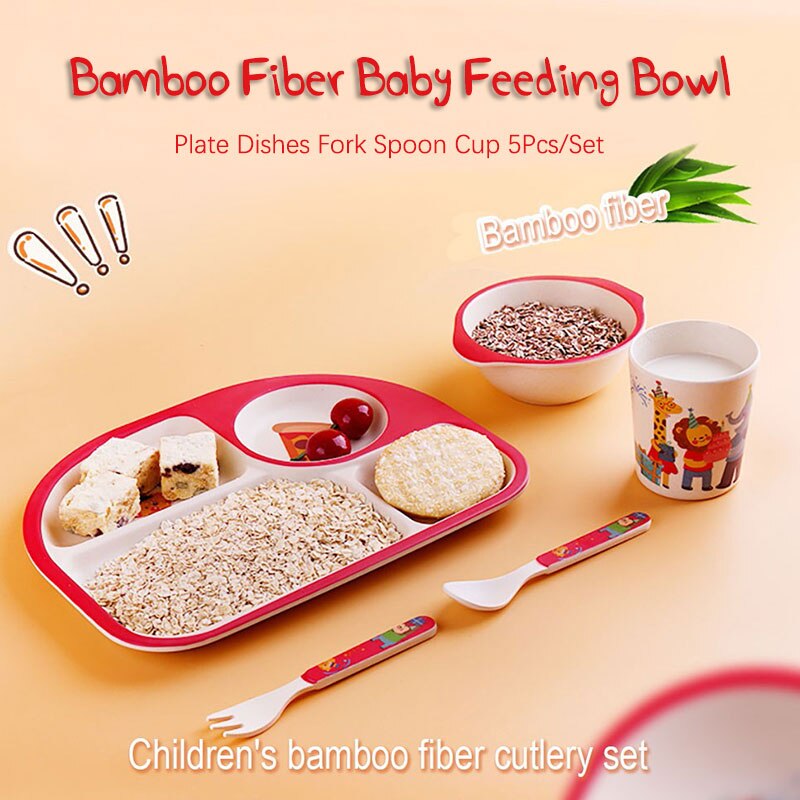 Baby Bamboe Voerbak Bpa Gratis Gerechten Vork Lepel Cup 5Pcs Serviesje Fad Kinderen Servies Kids Scheiding Voeden plaat
