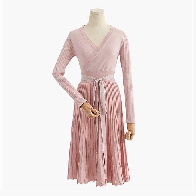 Spring Pleated Large Hem V Collar High Waist Lace Up Shiner Lurex Knitted Elastic Dress Women Vintage Clothing C-006: Pink