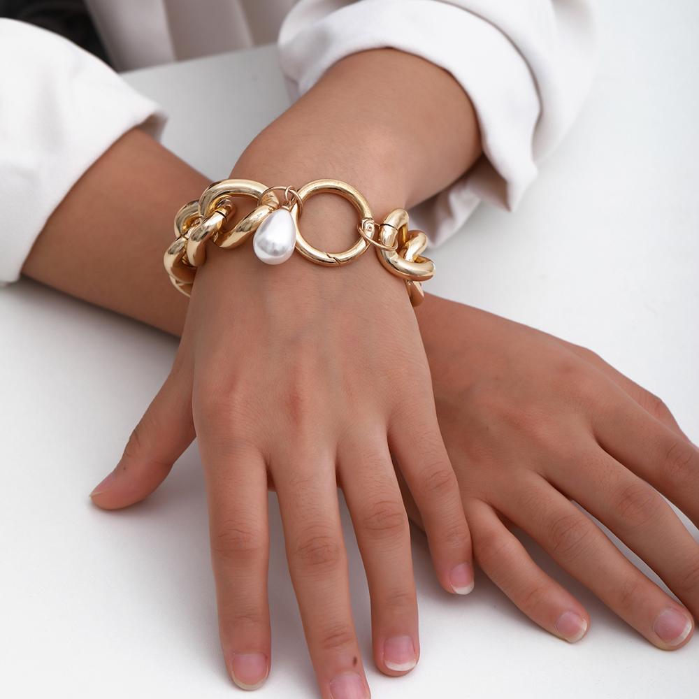 SHIXIN punk Spessa cubano collegamento Bracciale A Catena con Pendente Della Perla Del Braccialetto per Le Donne Catena Della Mano di Modo Dei Monili del Braccialetto di Fascino 2020