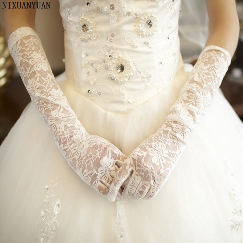 Pas cher dentelle gants de mariage blanc noir ivoire rouge coude longueur doigt gants de mariée longue taille unique accessoires de mariage