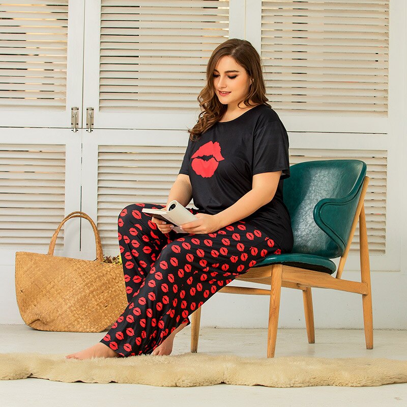 Zomer Plus Size Pyjama Voor Vrouwen Losse Mond Print T-shirt En Lange Broek Homewear Tweedelige Pakken 4XL 5XL 6XL 7XL