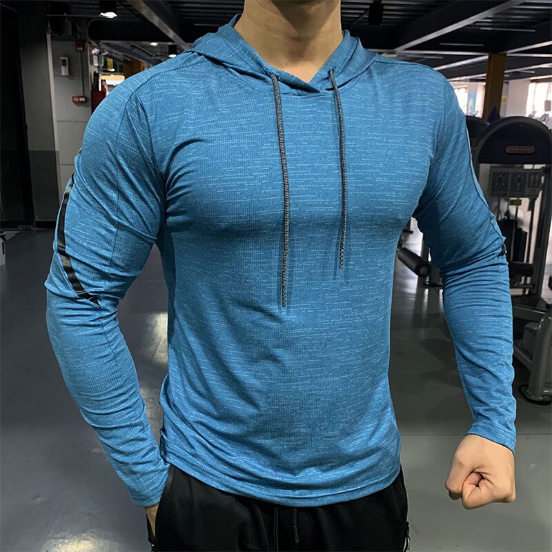 Ginásio masculino t camisa casual manga longa magro topos camisetas elástico esportes fitness conforto fino respirável secagem rápida com capuz
