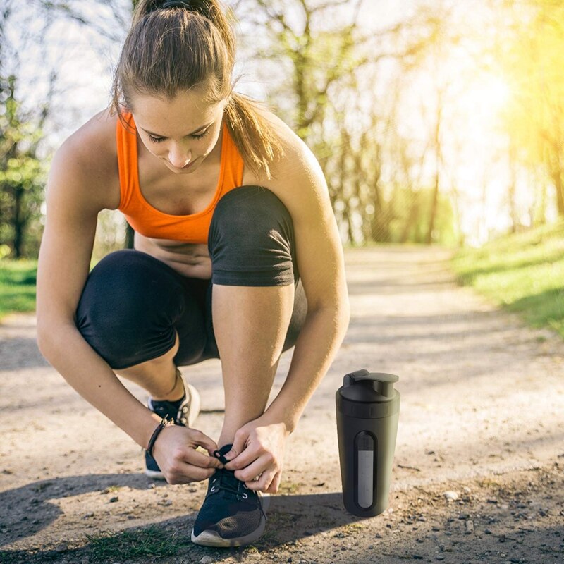 Protein shaker flaske, rustfrit stål sport vandflaske shaker cup, lækagesikker, bpa fri