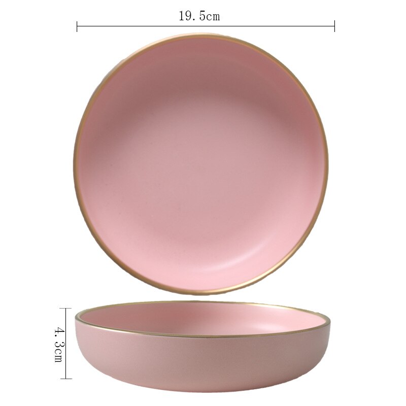 Massiv lyserød keramisk plade gylden kant maleri porcelæn skål plade ske servise sæt vestlig bøf bakke snack retter plade: 7.5 tommer dyb plade