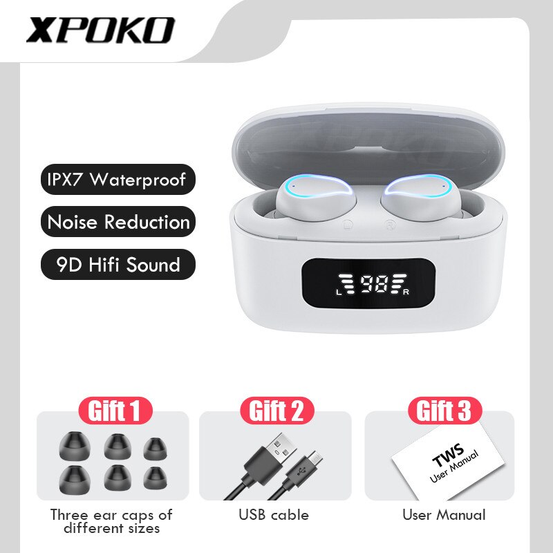 TWS Wireless Headphones Waterproof Bluetooth Earphone Touch Control 9D Stereo Wireless Bluetooth Headphones With Mic Sports: white
