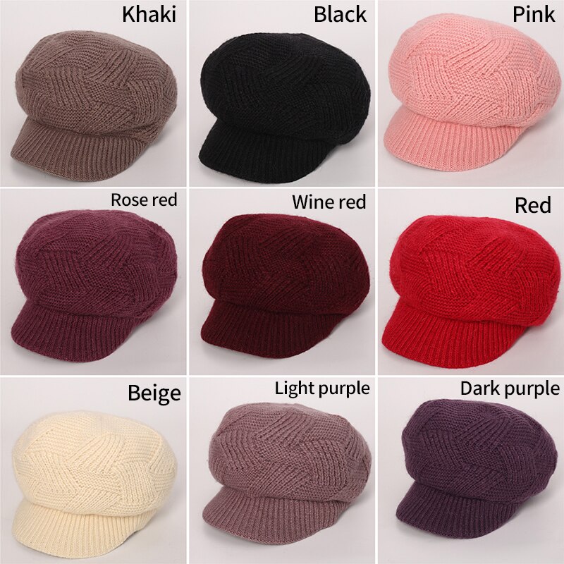Gorro de punto para mujer, boina de lana de conejo cálida de terciopelo, informal, de , Color sólido, 10 colores, Otoño e Invierno