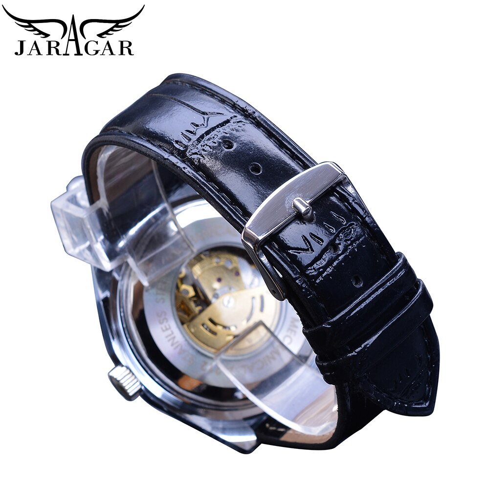 Jaragar Zwart Gouden Zaken Mens Watch Skeleton Automatische Self-Wind Mechanische Sport Lederen Band Horloge Relogio Masculino