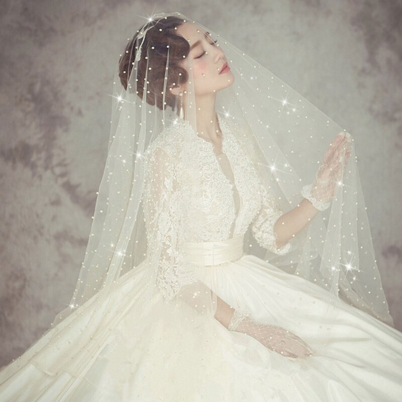 Une couche couverture visage cathédrale mariage voile Vintage Imitation perle perles perles bijoux mariée fête casque cheveux accessoires Phot