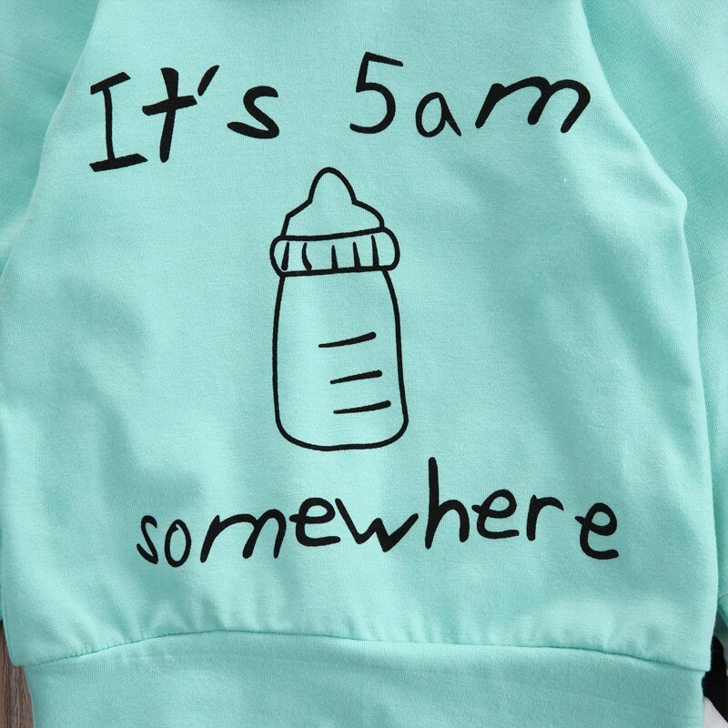 Forår baby dreng pige tøj sæt hætte tøj sæt spædbørn babyer hættetrøje it' s 5 am somewhere toppe+stribe bukser outfits