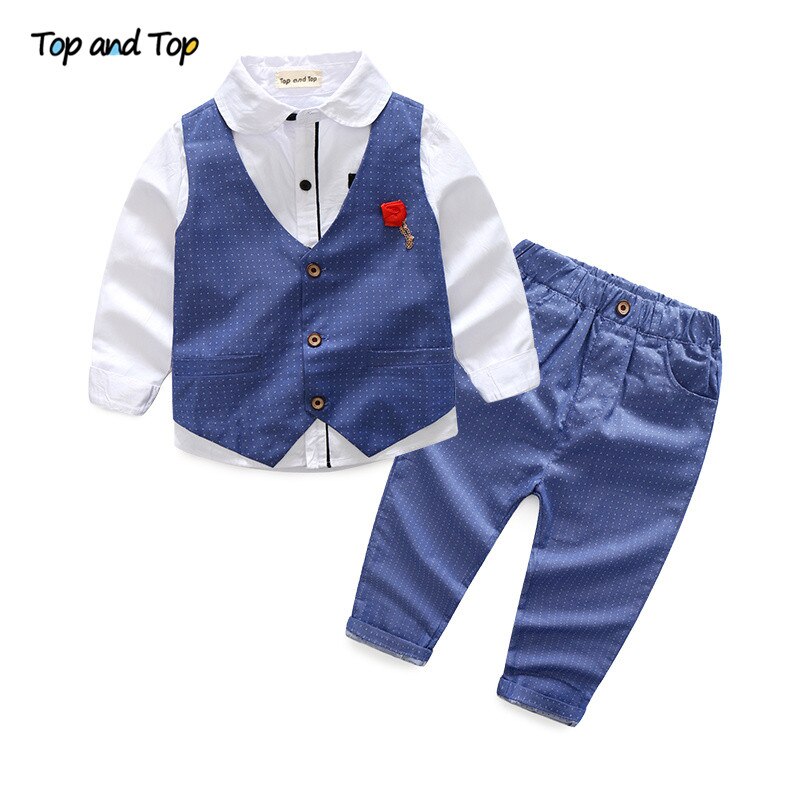 Top and Top Boy Clothes Set Boys Formal Suits Cotton Bow Tie Long Sleeve Shirt+Vest+Trousers 3Pcs Kids Gentleman Outfit: Blue / 6