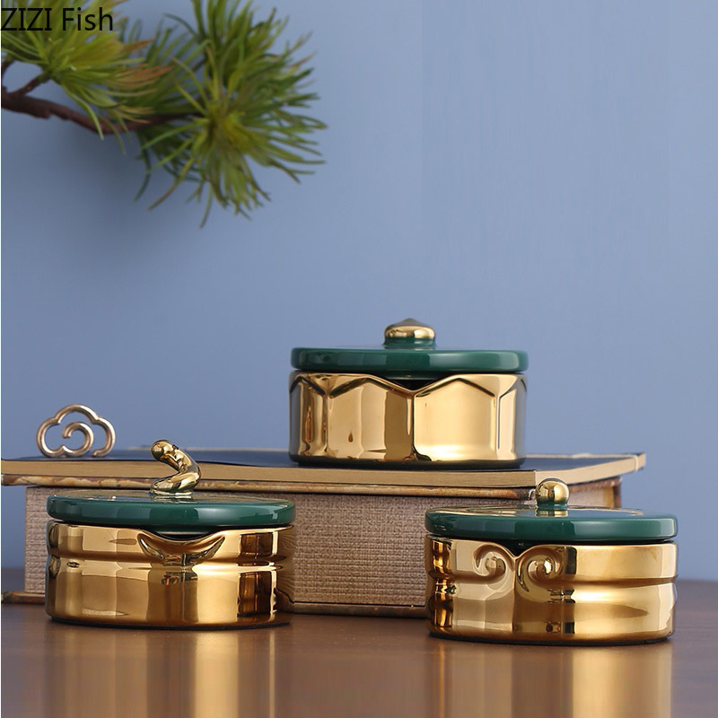 Cenicero dorado de cerámica con tapa, decoración artística para oficina, Cenicero de esmalte para el hogar, sala de estar, mesa de centro, para novio