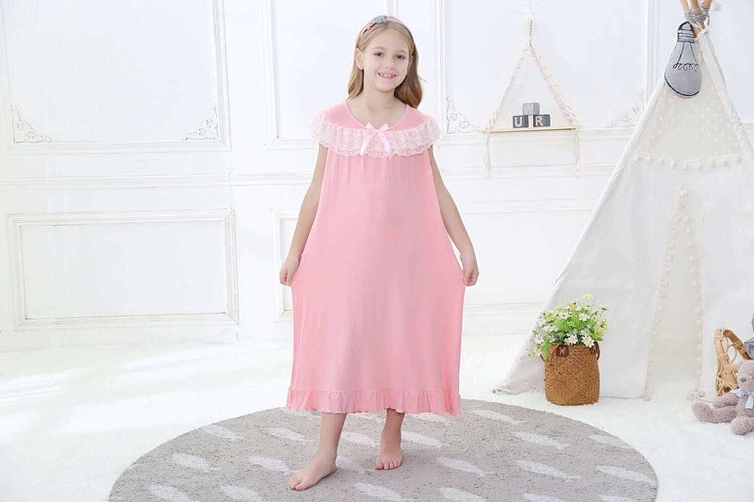 Kesätyttöjen pyjama mekko hihaton modaali prinsessa pitsi yöpaita yöpuvut vapaa-ajan topit tytöille pyjamat vestidos de noche