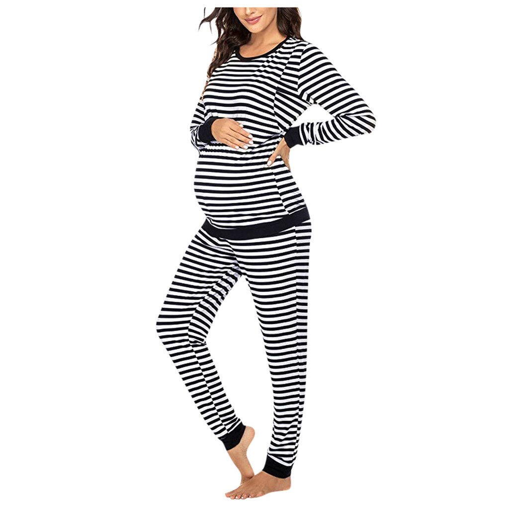 Fall Winter Maternity Nightwear Women Maternity Long Sleeve Nursing T-shirt Tops+Striped Pants Pajamas Set pijama embarazo: Black / S