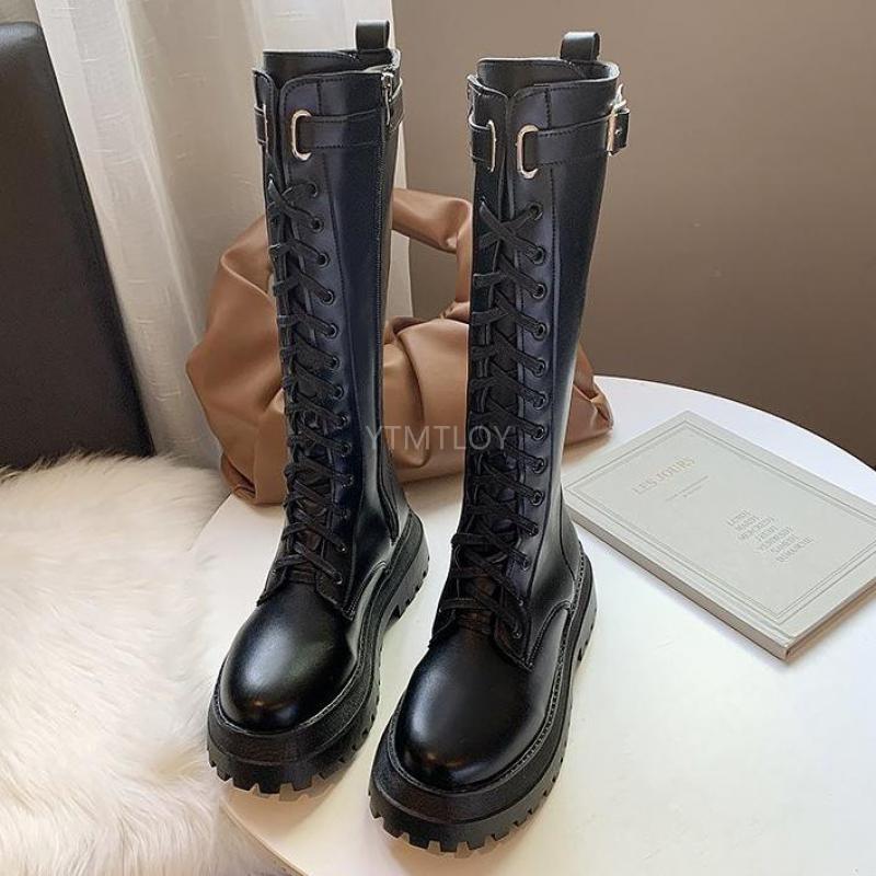 All Black Women Long Boots Lace Up High Heels Ladies Chunky Platform Shoes Female Footwear Motorcycle Knee-High Botas Mujer